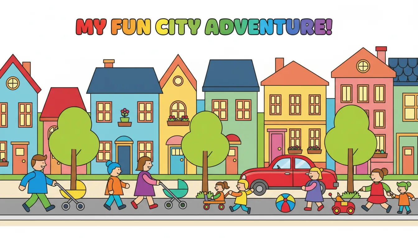 Colorful houses on lively street scene coloring page to print