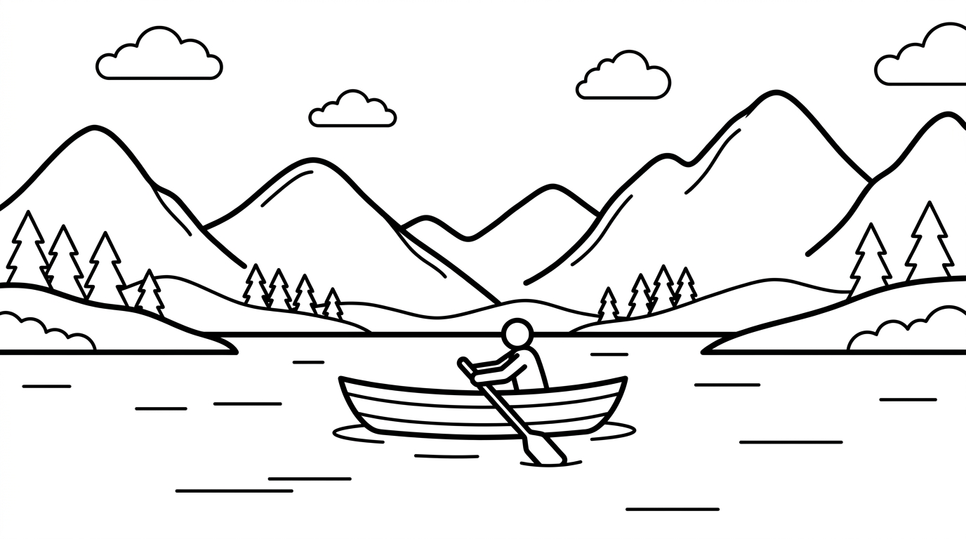 peaceful boat scene on calm mountain lake coloring page to print