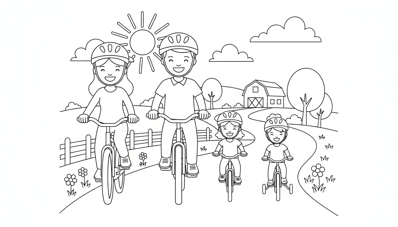 A happy family riding bikes along a country road. coloring page to print