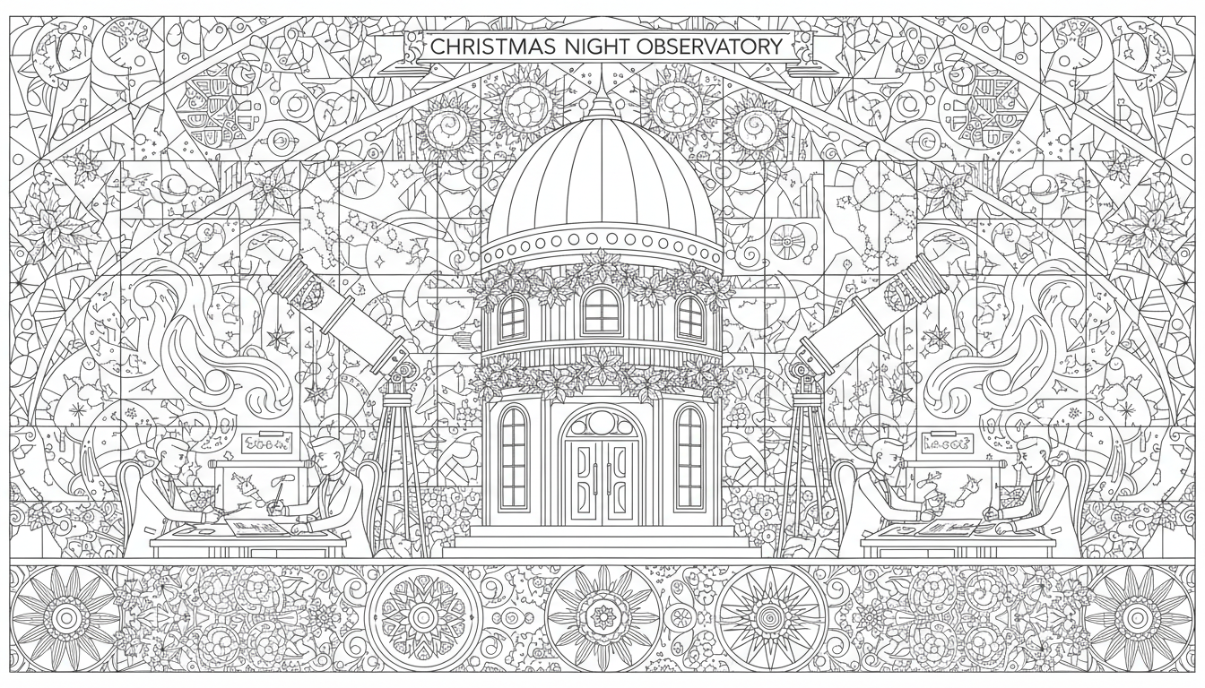 Victorian observatory for Christmas astronomers coloring page to print