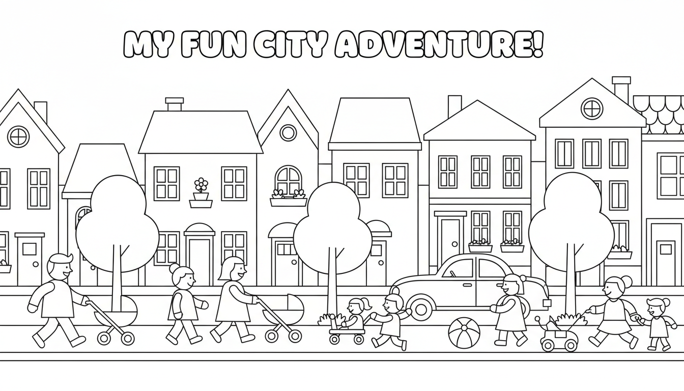 Colorful houses on lively street scene coloring page to print
