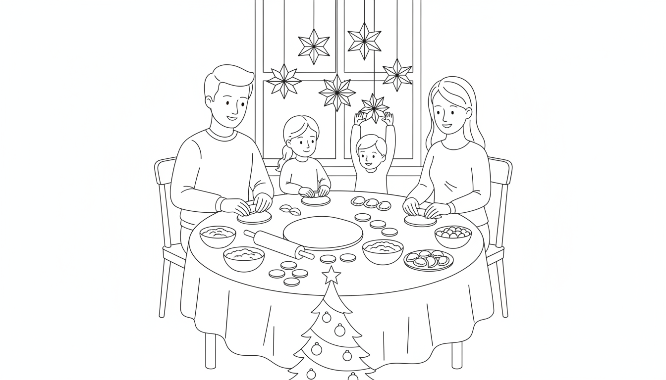 family making pierogi for polish christmas coloring page to print