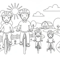 A happy family riding bikes along a country road.