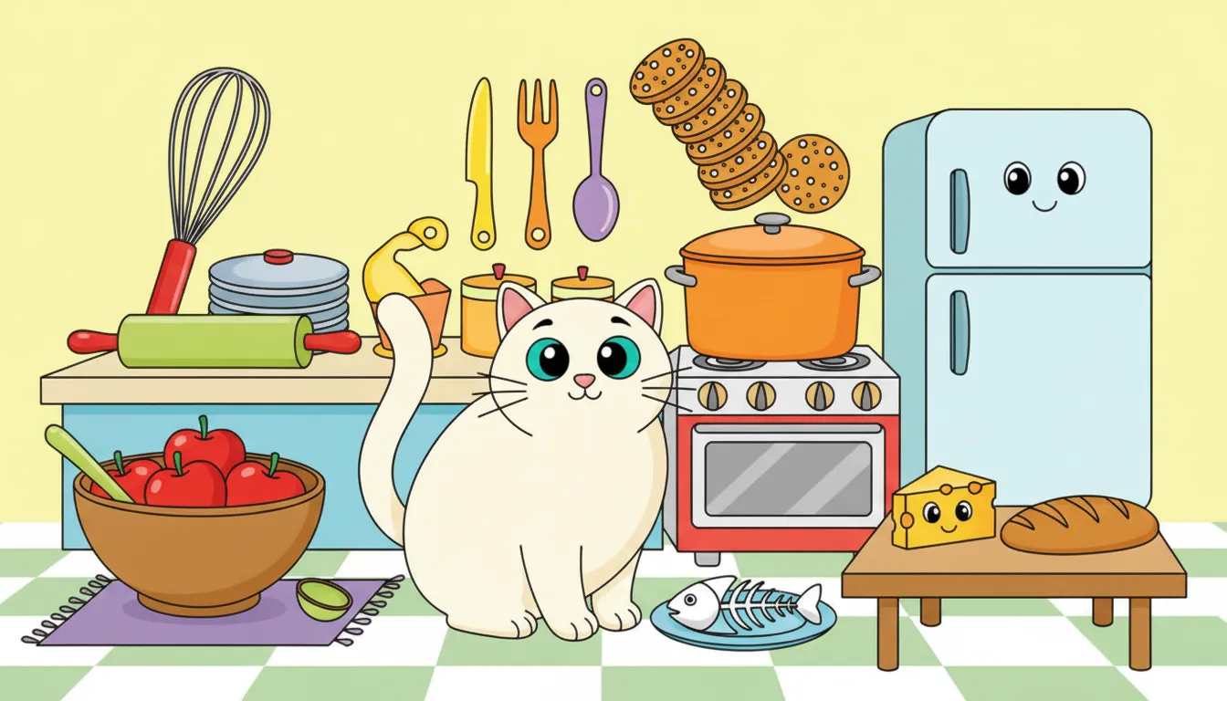 curious cat exploring kitchen with utensils and food coloring page to print