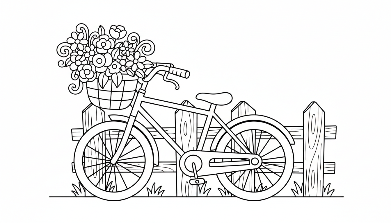 A vintage bicycle leaning against a fence with a basket of flowers. coloring page to print