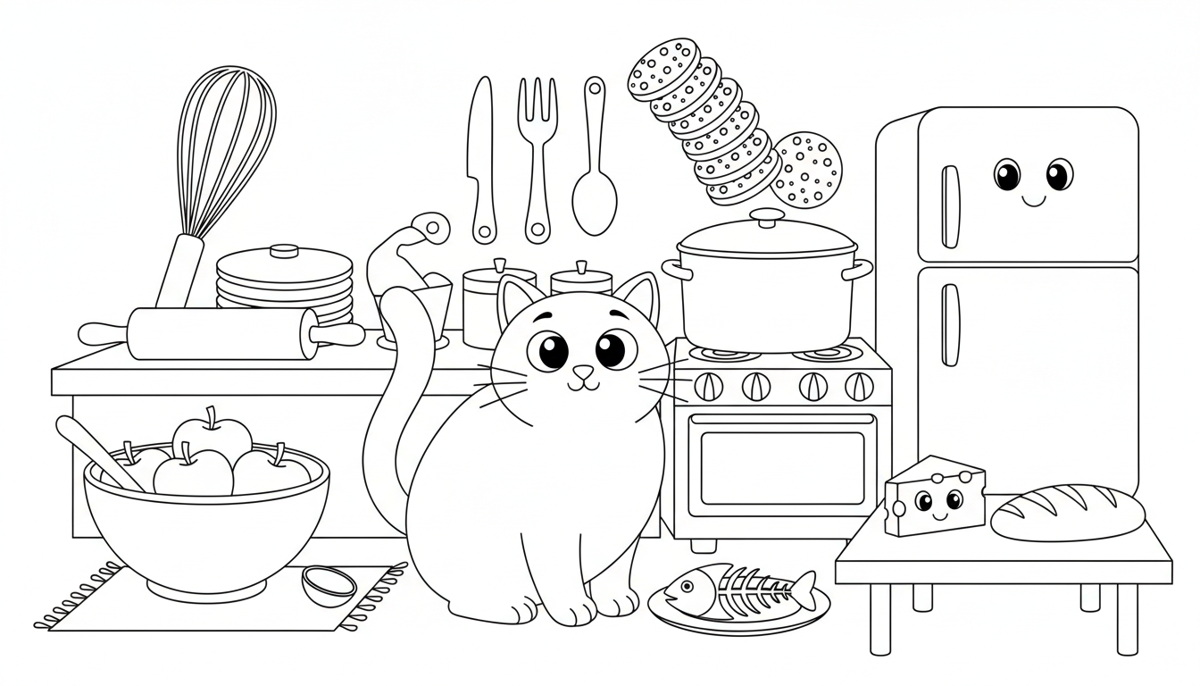 curious cat exploring kitchen with utensils and food coloring page to print