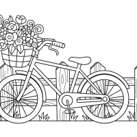 A vintage bicycle leaning against a fence with a basket of flowers.