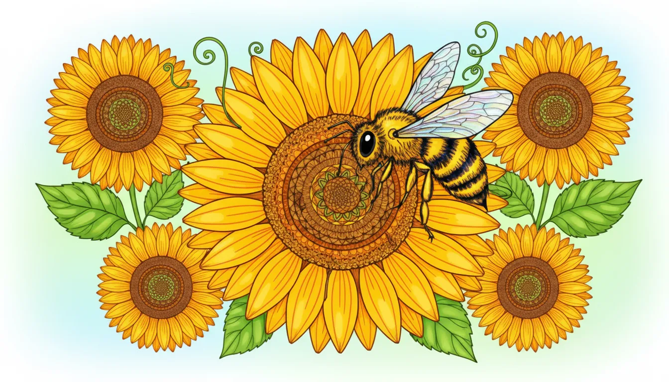 Bee collecting nectar from sunflower coloring page to print