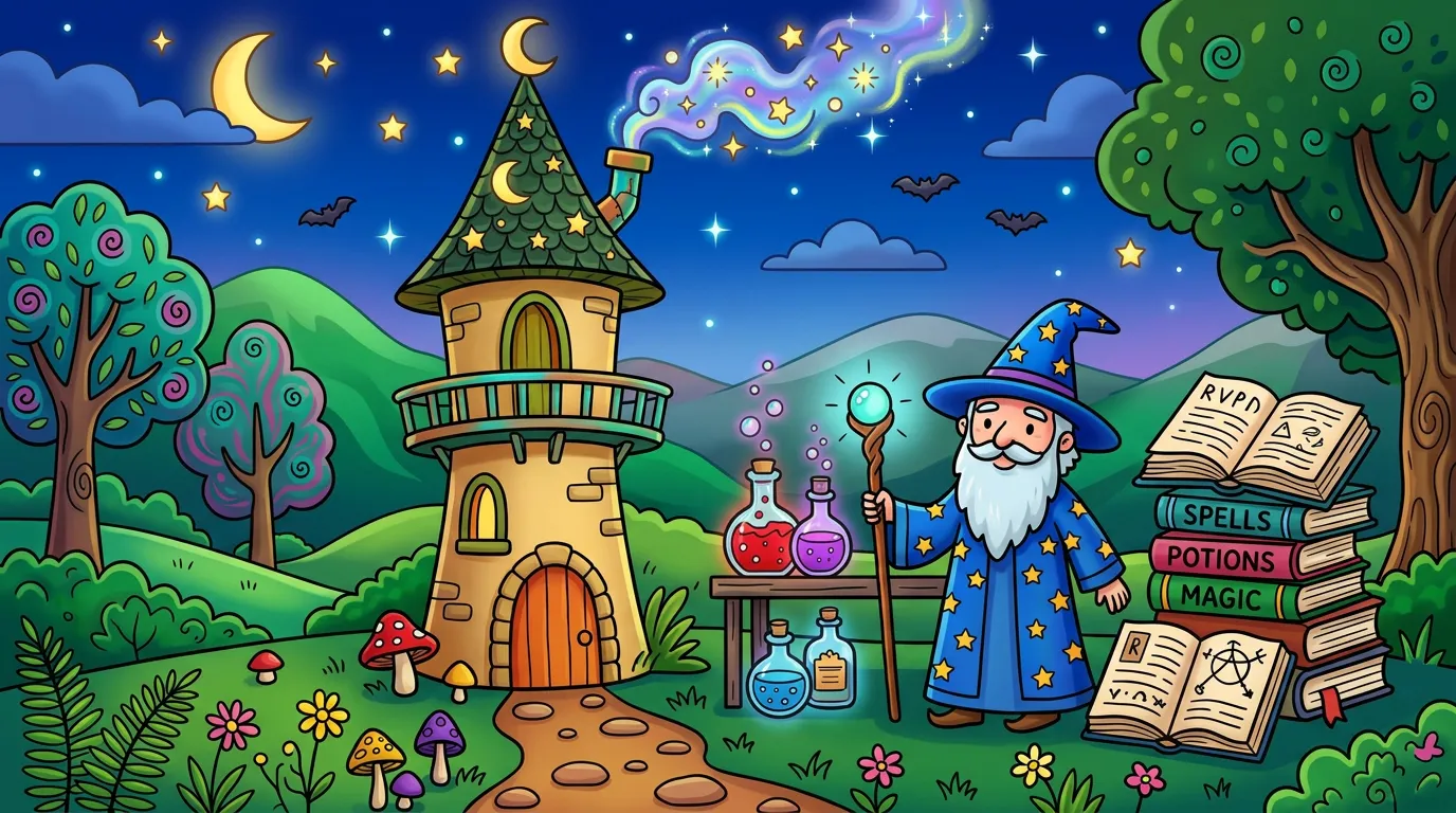 wizard’s tower with spell books and glowing potions coloring page to print