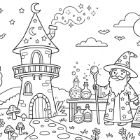 wizard’s tower with spell books and glowing potions