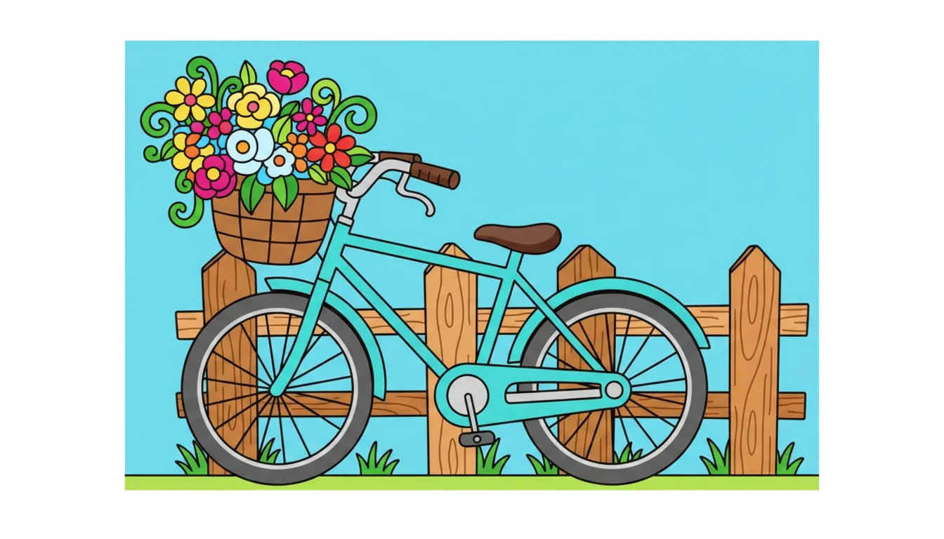 A vintage bicycle leaning against a fence with a basket of flowers. coloring page to print