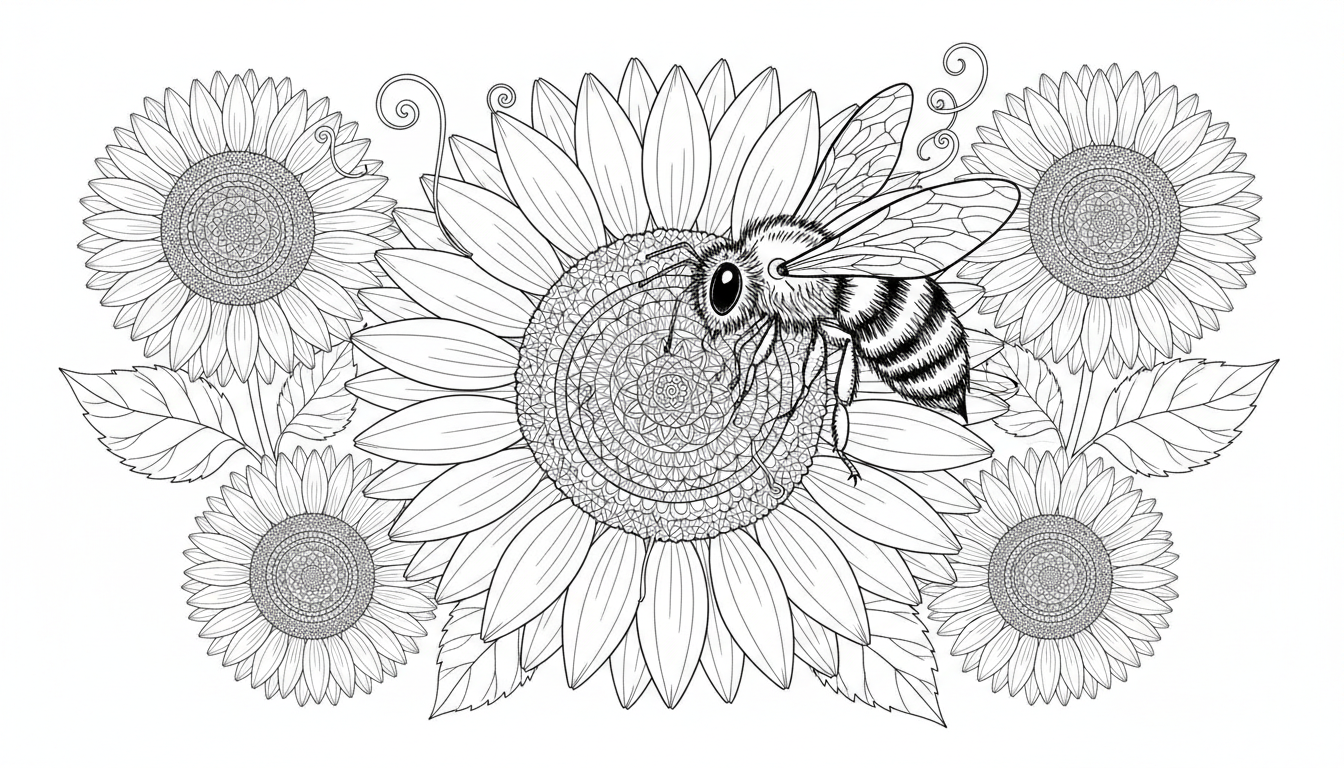 Bee collecting nectar from sunflower coloring page to print