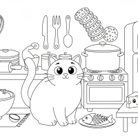 curious cat exploring kitchen with utensils and food