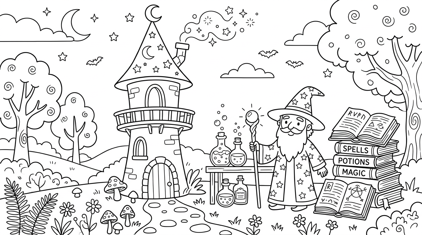 wizard’s tower with spell books and glowing potions coloring page to print