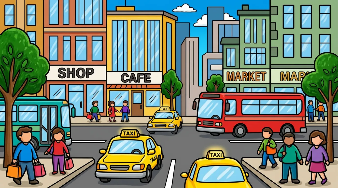 A busy city street with taxis, buses, and people shopping. coloring page to print