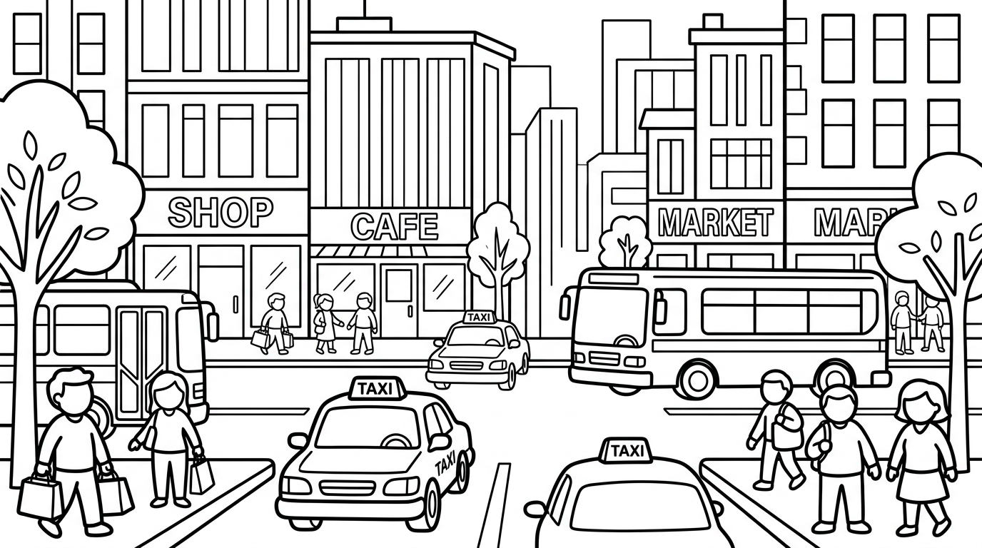 A busy city street with taxis, buses, and people shopping. coloring page to print