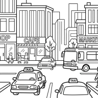 A busy city street with taxis, buses, and people shopping.
