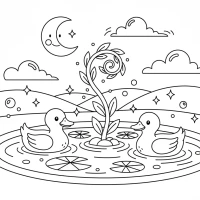 A scene of ducks swimming together in a quiet pond.