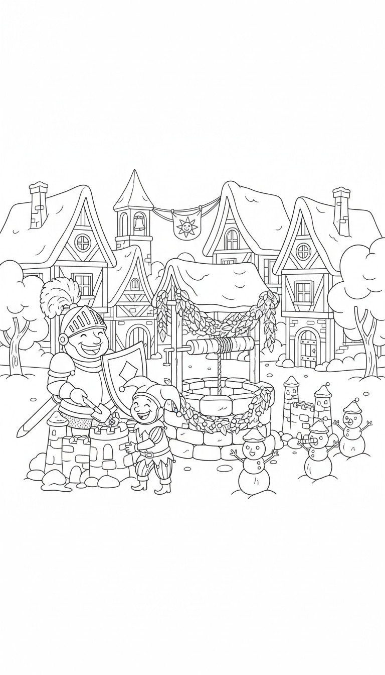 medieval village square with knight and jester building snowcastle coloring page to print