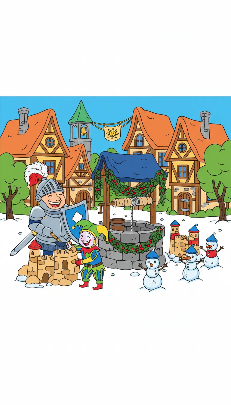 medieval village square with knight and jester building snowcastle coloring page to print
