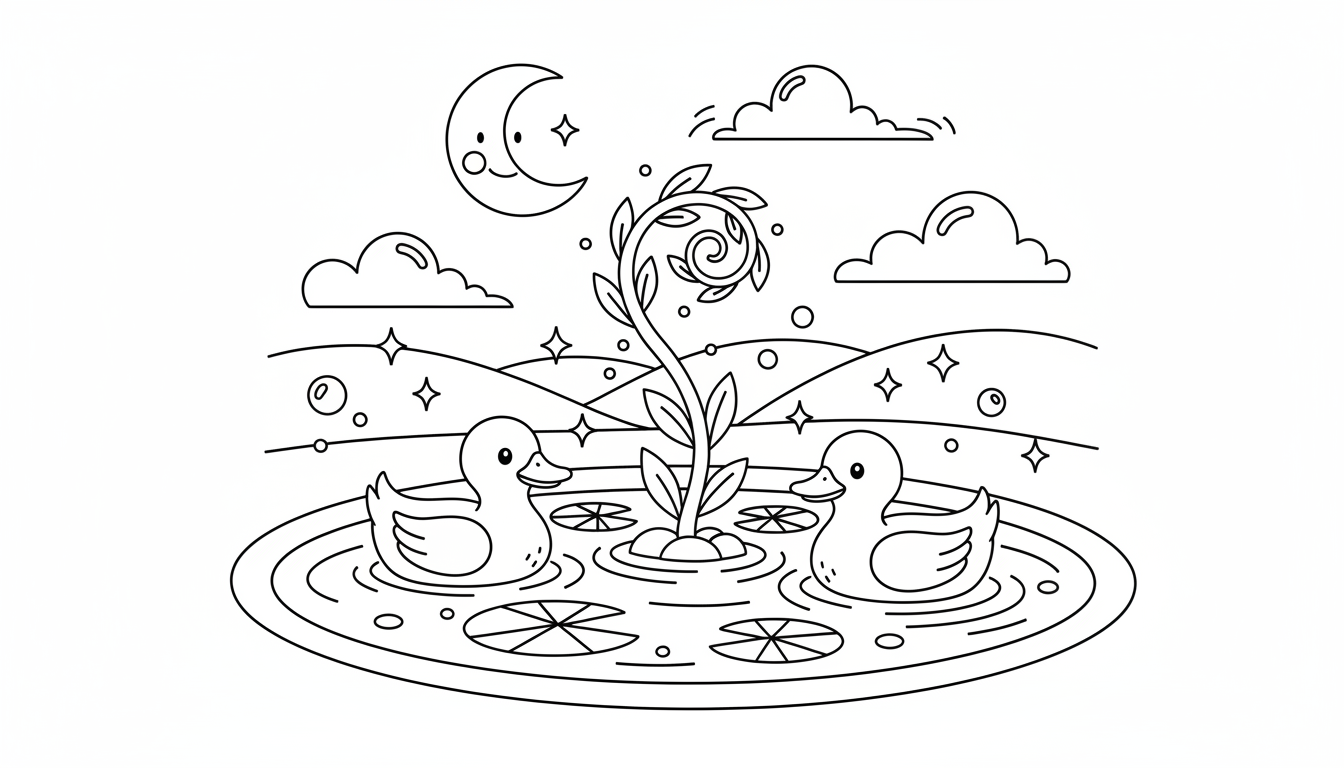 A scene of ducks swimming together in a quiet pond. coloring page to print