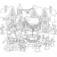 medieval village square with knight and jester building snowcastle