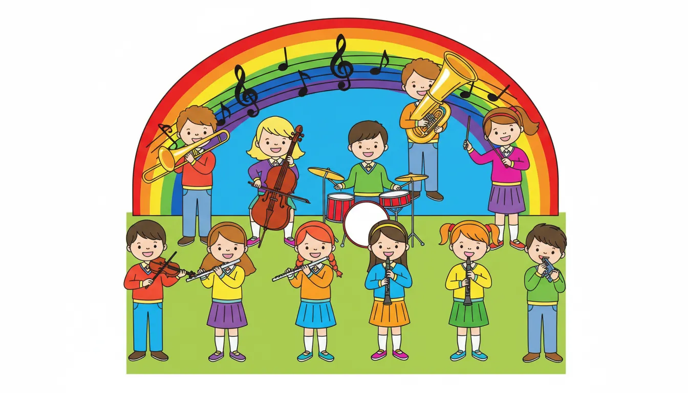 children playing musical instruments in school orchestra coloring page to print