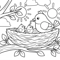 Mother bird feeding babies in nest