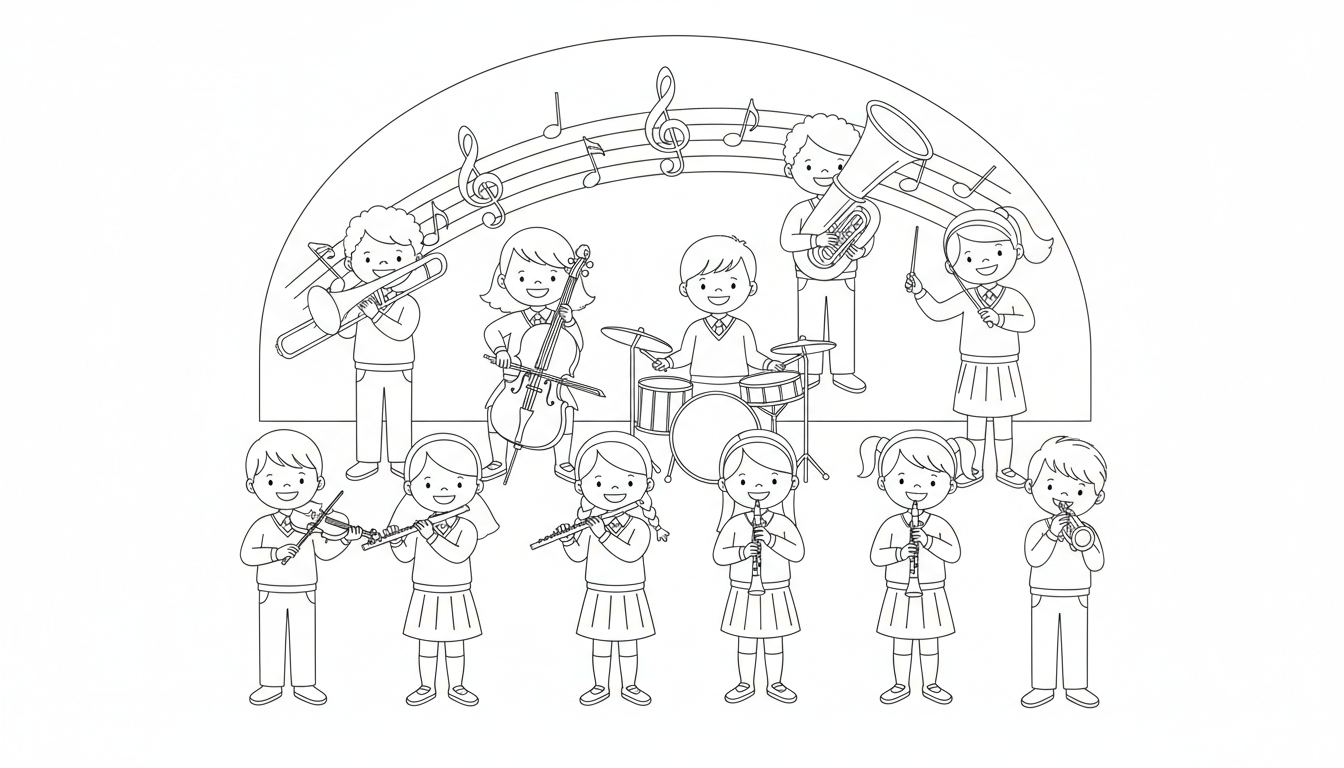 children playing musical instruments in school orchestra coloring page to print
