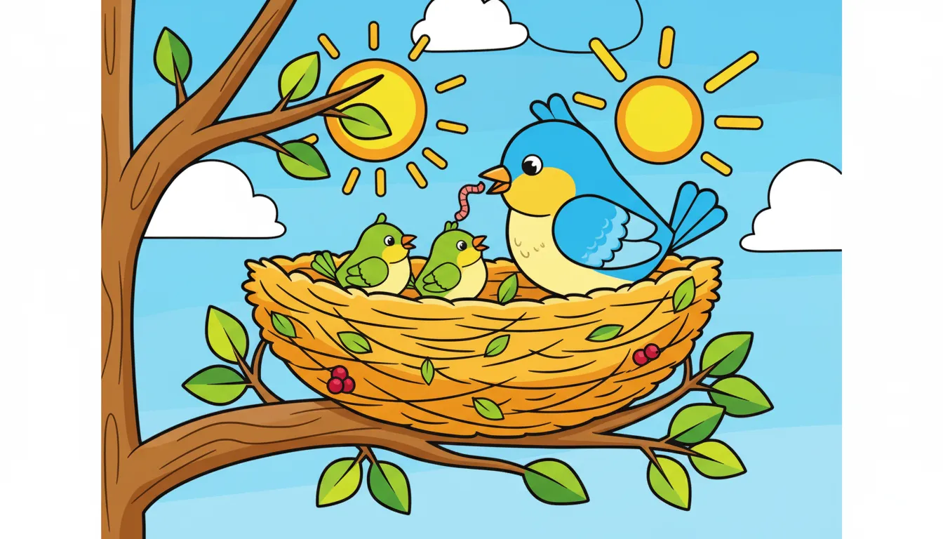 Mother bird feeding babies in nest coloring page to print