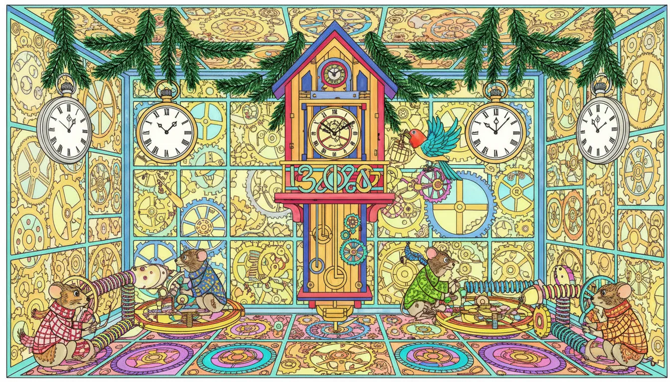 mysterious clockwork attic scene coloring page to print