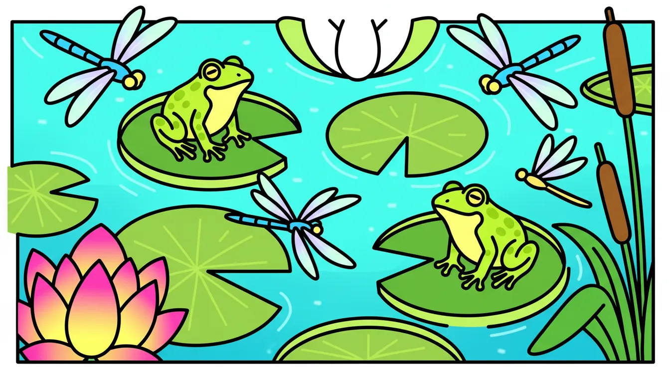 Peaceful lily pond with frogs and dragonflies coloring page to print