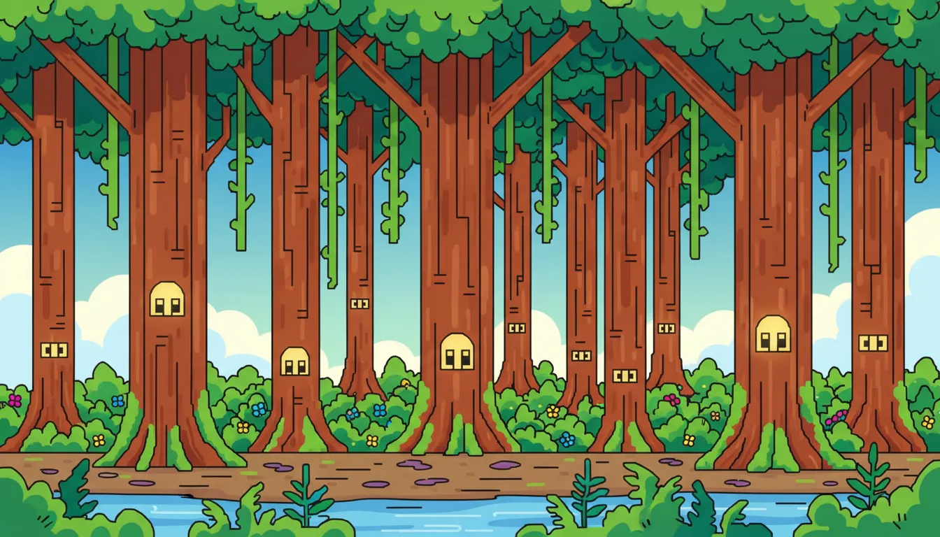 mysterious forest with tall trees and vines coloring page to print