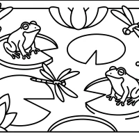 Peaceful lily pond with frogs and dragonflies