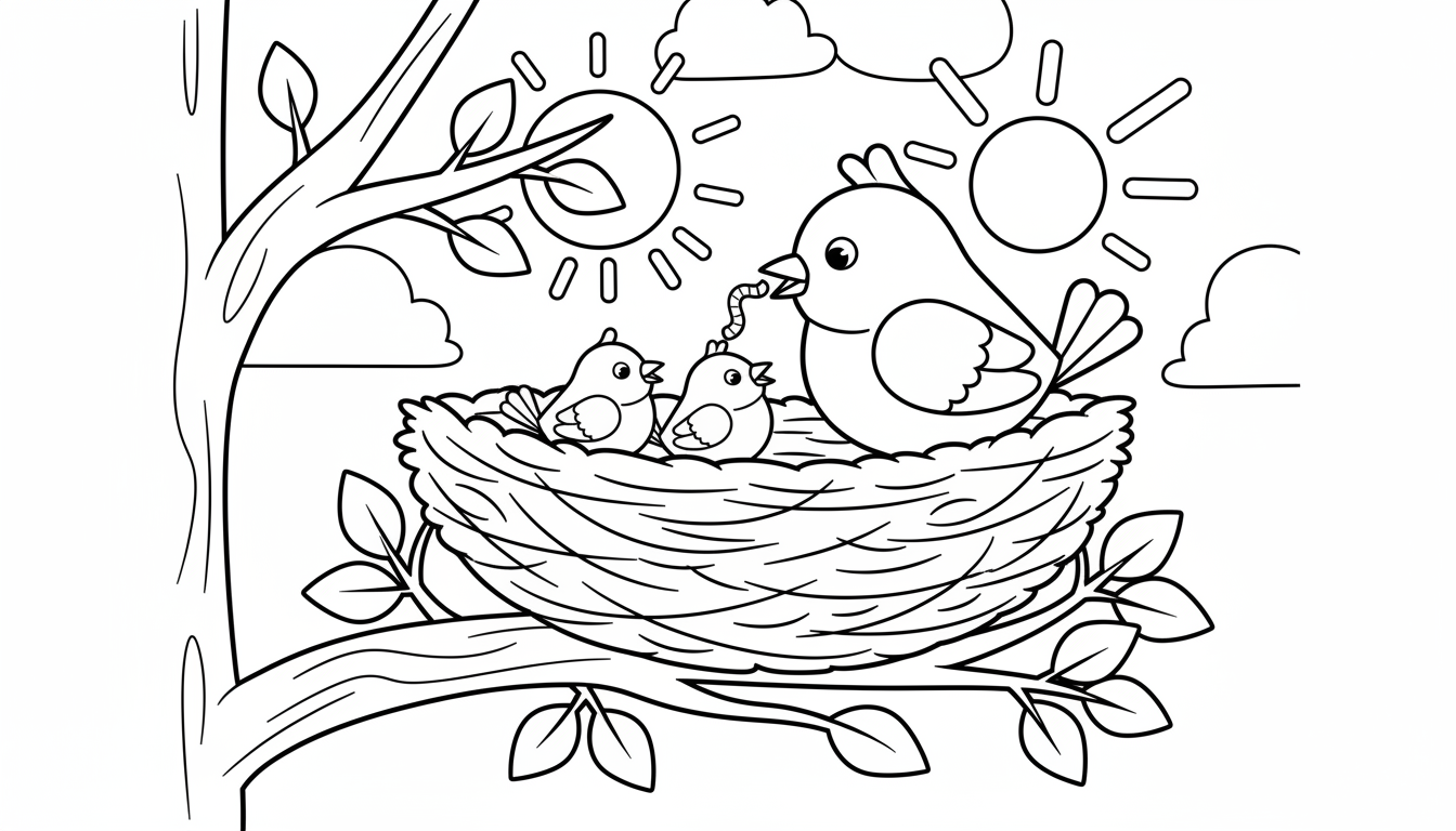 Mother bird feeding babies in nest coloring page to print