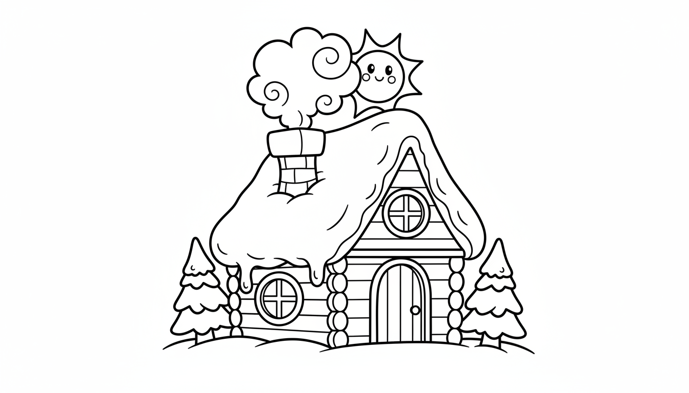 cozy winter cabin with snow on roof coloring page to print