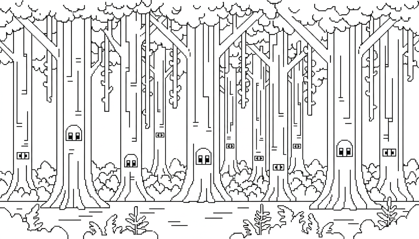 mysterious forest with tall trees and vines coloring page to print