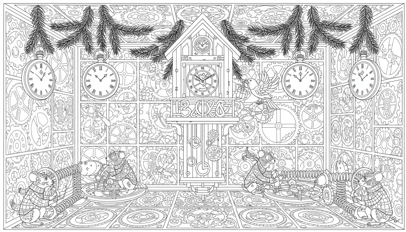 mysterious clockwork attic scene coloring page to print
