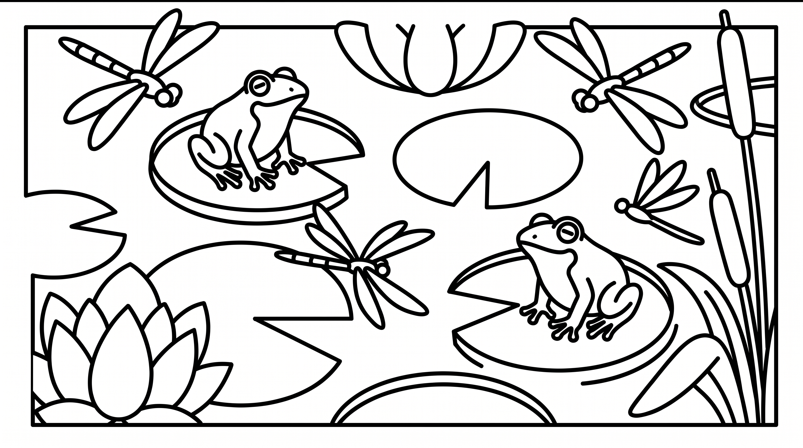 Peaceful lily pond with frogs and dragonflies coloring page to print