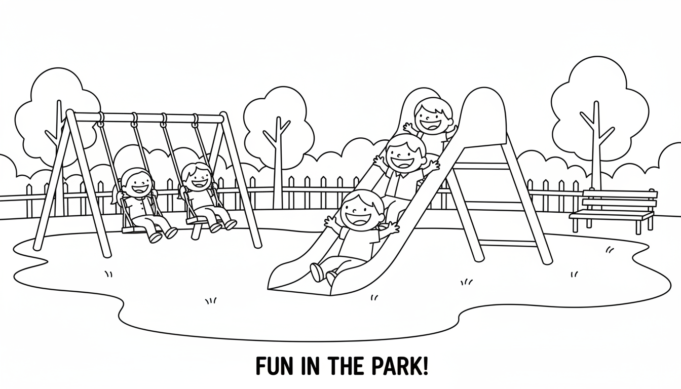 City park with playground lovers coloring page to print