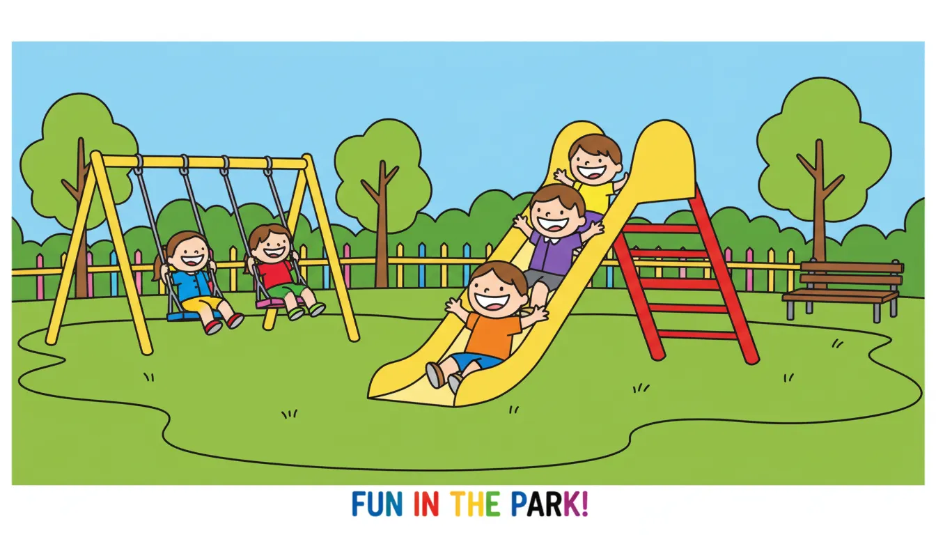 City park with playground lovers coloring page to print