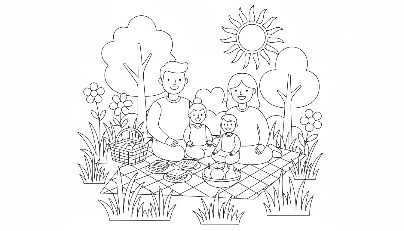 Happy family having a picnic in lush green meadow coloring page to print