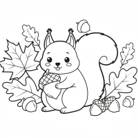 Cute squirrel gathering nuts in autumn leaves