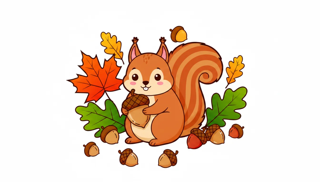 Cute squirrel gathering nuts in autumn leaves coloring page to print