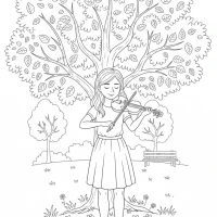 A girl playing a violin under a tree in the park.
