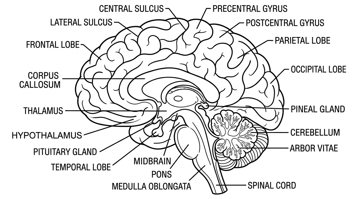 A detailed diagram of a human brain with labeled parts. coloring page to print