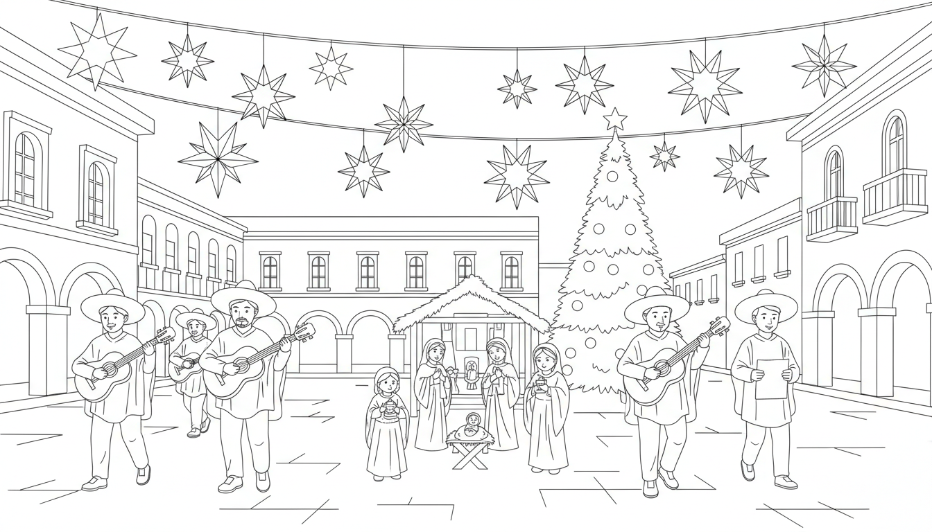 Christmas nativity procession in Latin American plaza coloring page to print