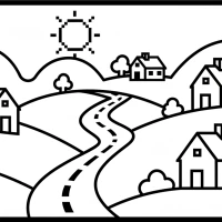 rolling hills with country road and farmhouses
