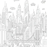 Futuristic city with flying cars and robots