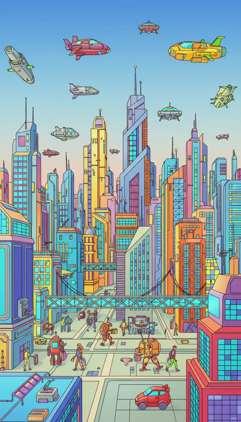 Futuristic city with flying cars and robots coloring page to print